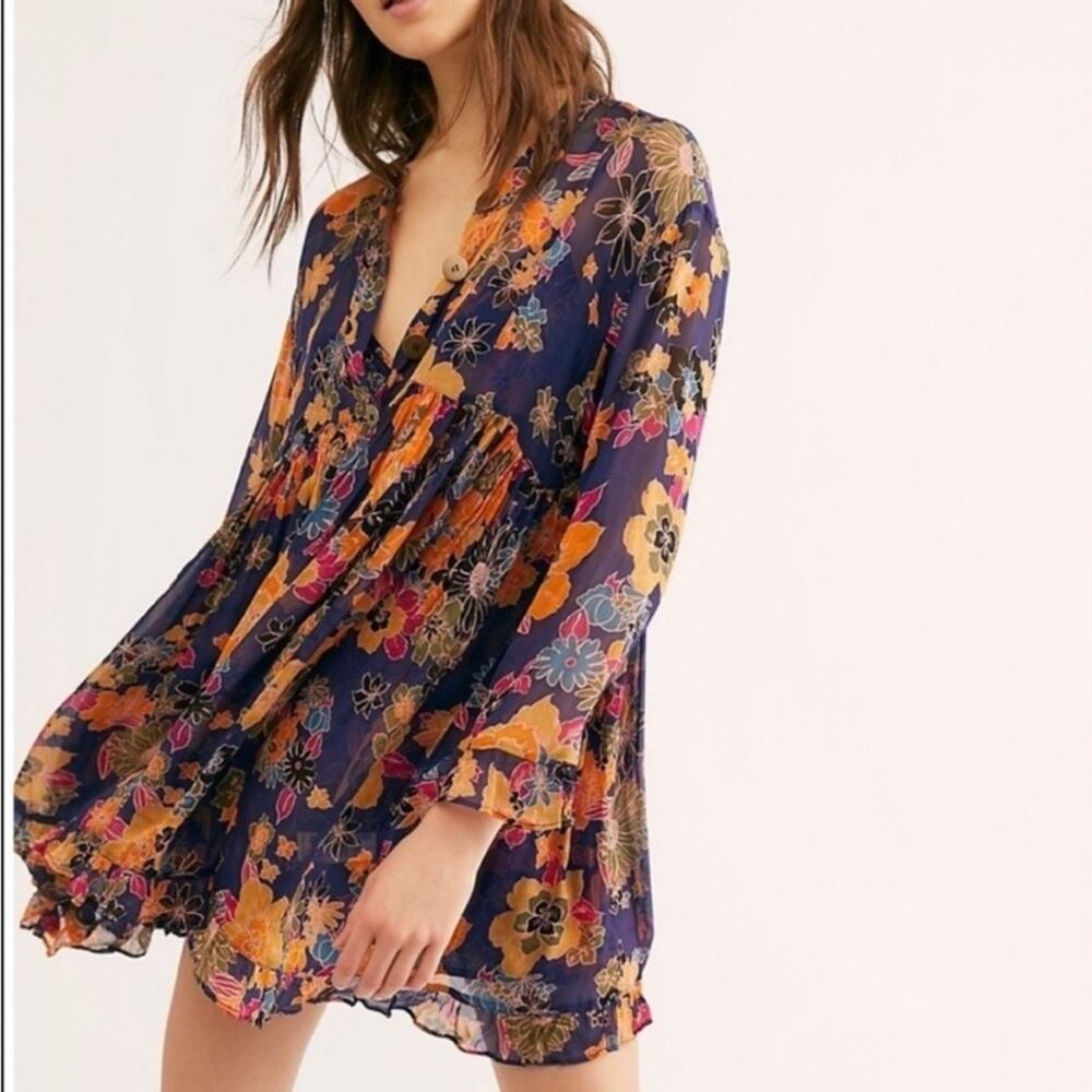 Free People Navy Floral Mini Dress with Orange and Pink Accents